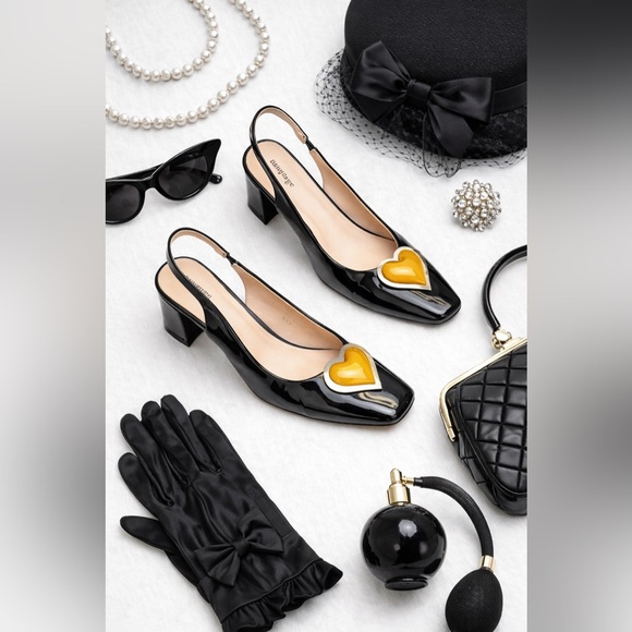 Unique Vintage ‘50s Black & Orange Heart Leatherette Slingback Heels, Sz 6, NWT! - Picture 15 of 16